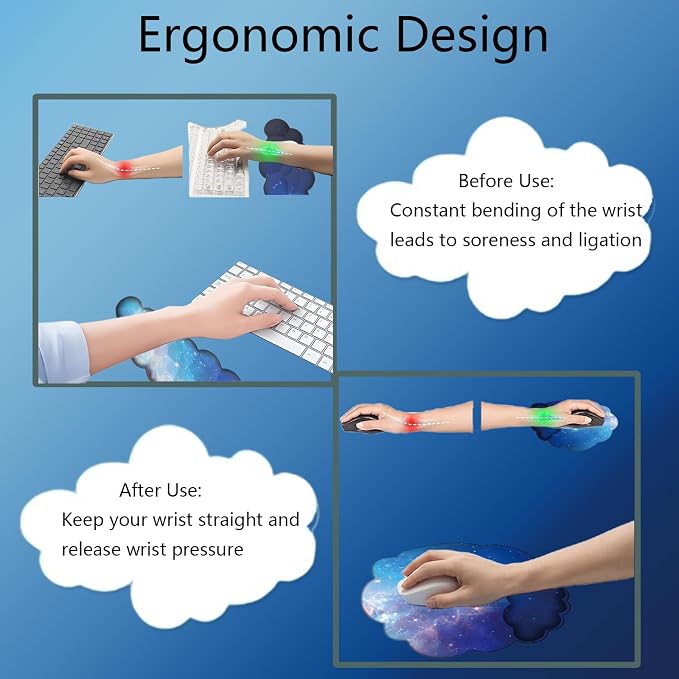 Cloud Wrist Rest Keyboard Galaxy Mouse Pad with Wrist Rest Ergonomic Space Wrist Pad Memory Foam Non-Slip Wrist Pad Support for Computer Laptop Gaming Home Office Relief Typing Pain Gradient Blue