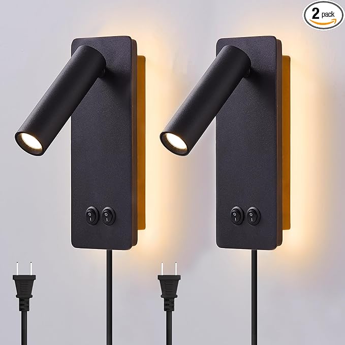 LED wall lamp and reading light two-in-one multifunctional wall sconces. LED Wall Lamp Plug in for Bedroom Bedside Wall Sconces Set of Two Black Reading Light 3W+6W Night Light 3000K(BLACK)