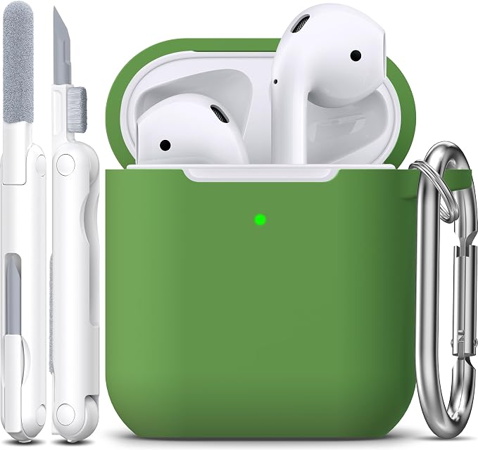 R-fun for AirPods 1/2 Case, Soft Silicone Protective Cover with Keychain and Cleaning Pen, Compatible with AirPods 2nd/1st Generation (2016/2019), Full Drop Protection Cover, Grass Green