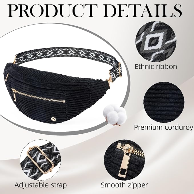 Black Crossbody Bag Corduroy Fanny Pack Vintage Sling Bag with Gold Zipper | Geometric Wide Strap,Versatile,4-Zipper Pockets,Ideal for for Travel Casual Outdoors Shopping
