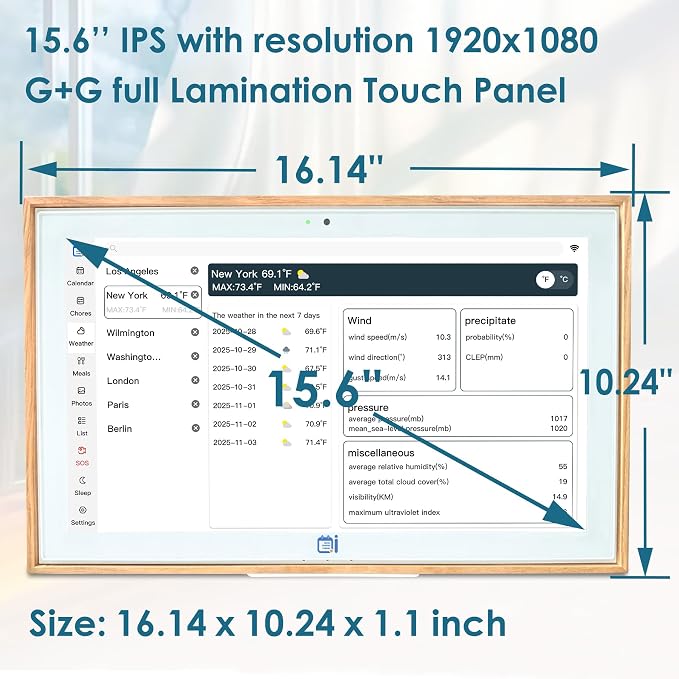 15.6" Digital Wall Calendar No Monthly Fee Family Hub Touchscreen | Multi-calendar Merger Smart Ambient Brightness Large Recipe Library