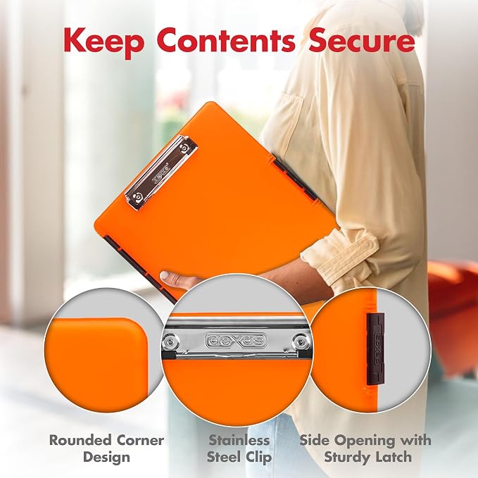 Dexas Slimcase 2 Plastic Clipboard with Storage and Side Opening, Neon Orange, Office Supplies Clipboards to Organize, Carry and Store, A4 Holder (Pack of 6)