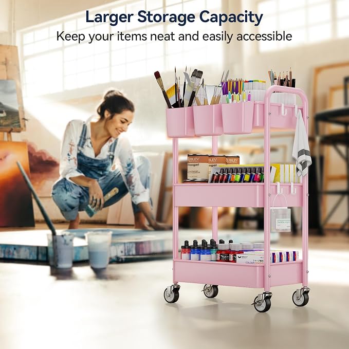 3 Tier Rolling Cart, Heavy Duty Metal Utility Cart with Wheel Pink | Sturdy Rolling Storage Cart With Hooks & Hanging Cups, Great For Craft, Art Workspace, Kitchen ,Snack And Office Storage