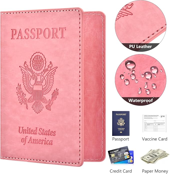Eoehro Passport and Vaccine Card Holder, Faux Leather, AI-pink, Compact, Lightweight, Waterproof