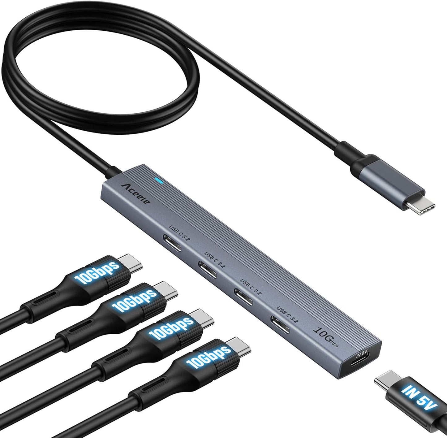 Aceele USB C Hub 10Gbps, 4 Port USB 3.2 Gen 2 Hub, USBC to USB-C Hub with Type-C Power Port, 2ft Extension Long Cable USBC Adapter Data Hub for MacBook Pro, MacBook, Samsung Chromebook, etc