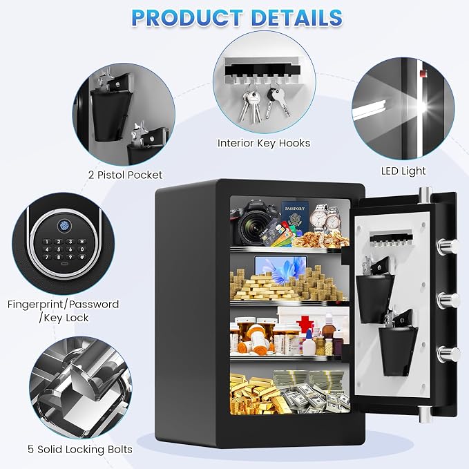 5.5 Cuft Large Biometric Safe For Home, Heavy Duty Safe Box | with Fingerprint & Keypad Dual-alarm system and 3 Movable Shelves , Large Document Safes for Money Jewelry