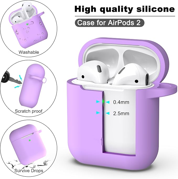 R-fun for AirPods 1/2 Case, Soft Silicone Protective Cover with Keychain and Cleaning Pen, Compatible with AirPods 2nd/1st Generation (2016/2019), Full Drop Protection Cover, Lavender