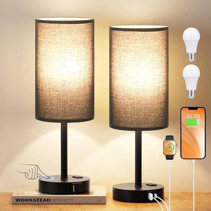 Touch Bedside Table Lamps Set of 2 - Bedroom Lamp with USB A+C, AC Outlet | 3-Way Dimmable, LED Bulb Included, Black Fabric Lampshade, Matte Black Metal Base & Pole, 17" Tall Nightstand Lamp for Desk
