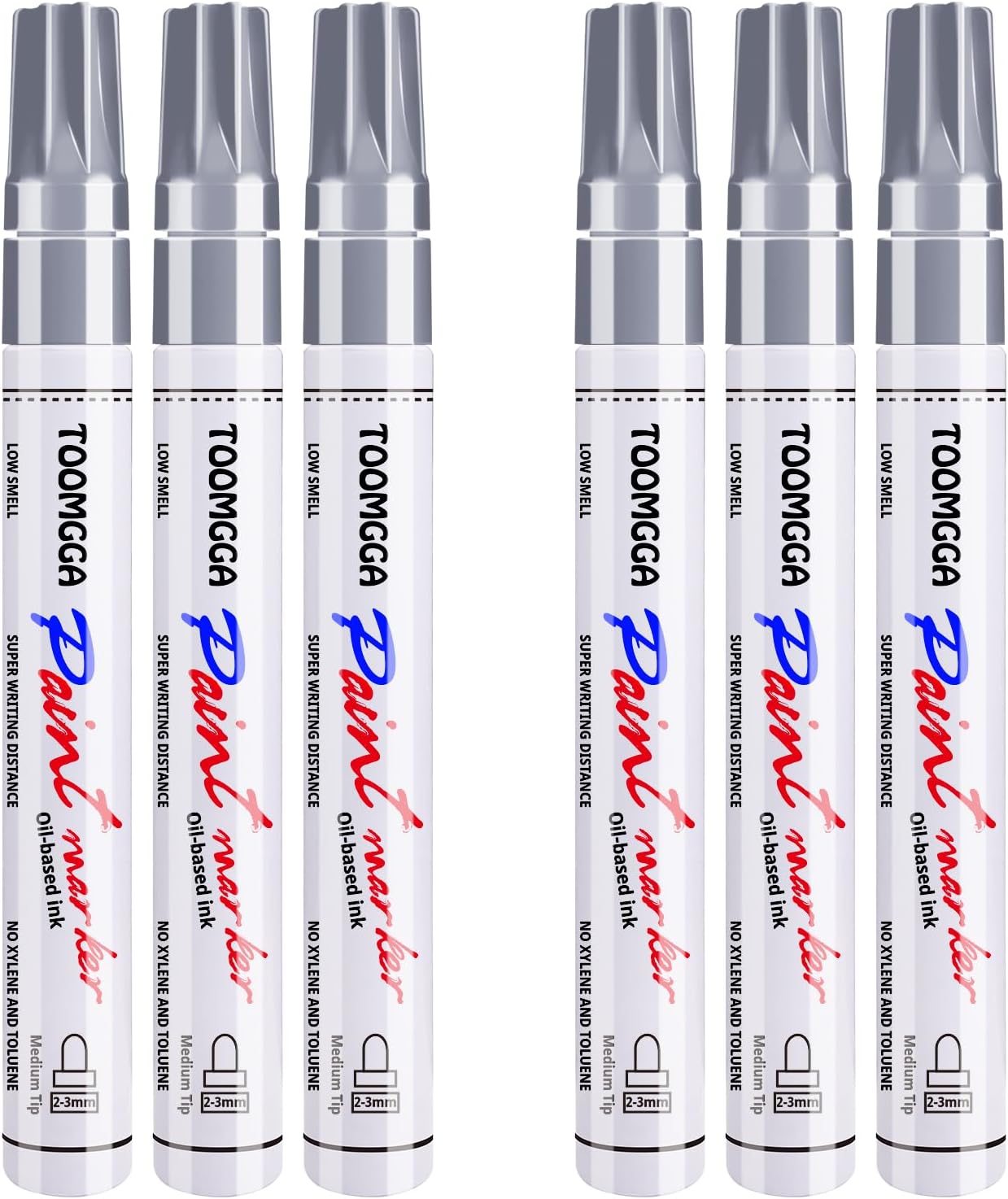 Silver Paint Pens Paint Markers - 6 Pack Permanent Markers Oil Based for Metal Wood, Pens for Metal, Car Tyre,Wood, Plastic, Rock Painting, Glass, Craft Supplies,Waterproof
