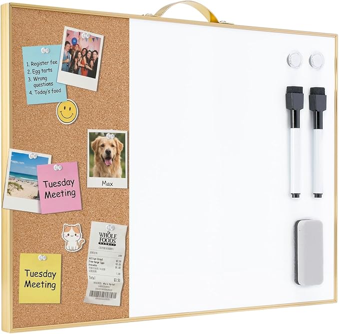 Small Cork Board Whiteboard Combo - 12" X 16" Portable Aluminum Gold Framed Magnetic Dry Erase Board for Wall, Mini Bulletin CorkBoard with a Handle for Office, Home and School
