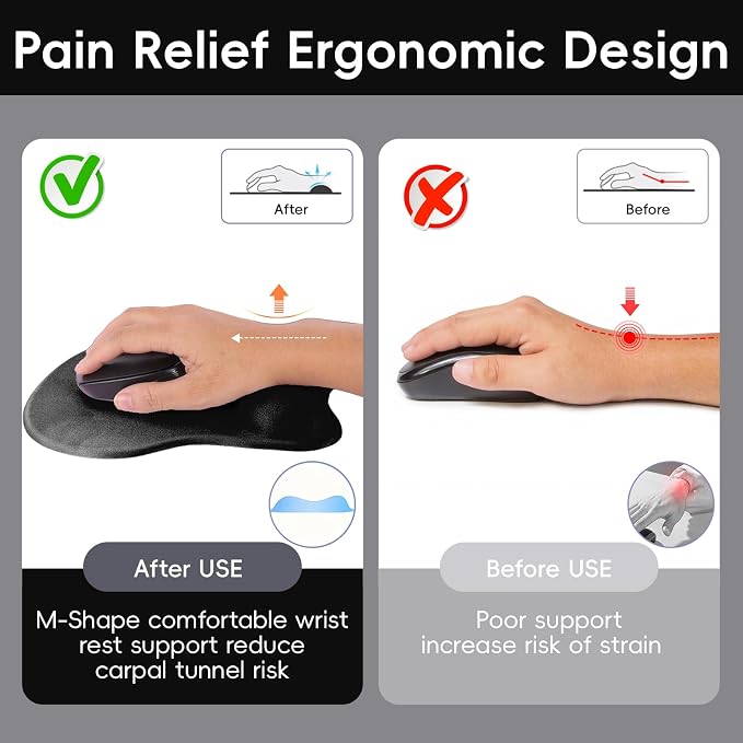 Ergonomic Mouse Pad,Non Slip Mousepad Wrist Rest Support for Office, Computer, Laptop & Mac(A-Black)