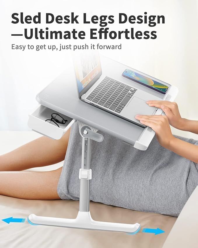 SAIJI Laptop Bed Tray Table - Adjustable Lap Desk for Couch (Gray) | Fits 17" Laptop, Work From Home & Dorm Study, with Storage Drawer & PVC Leather