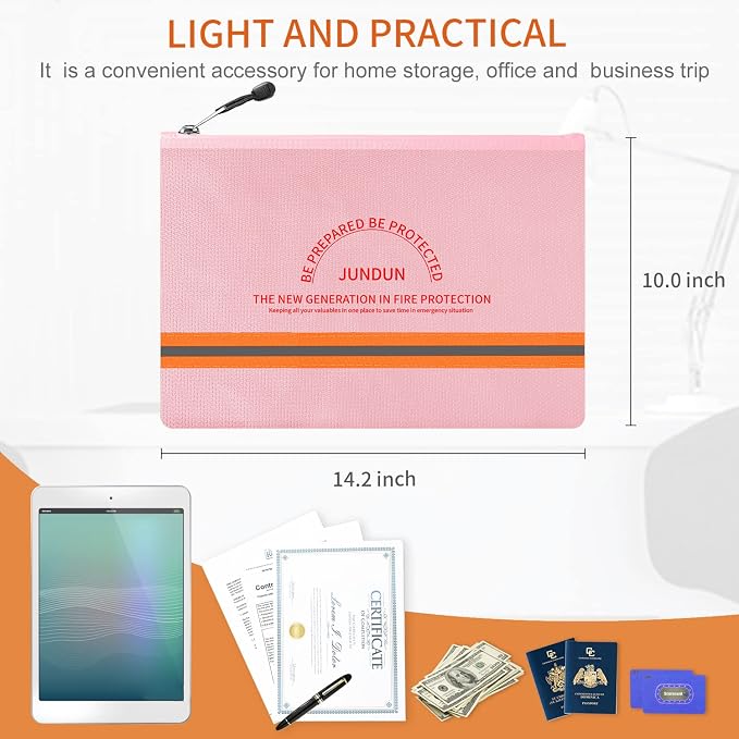 Fireproof Document Bag,14.2”x 10.0”Waterproof and Fireproof Money Bag with Aluminum Foil Lining,Fireproof Safe Storage Pouch with Zipper for Document and Cash,Pink