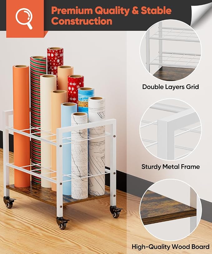Blueprint Storage Rack Cart, 15 Slots Metal Rolling File Holder with Wheels & Adjustable Pads, Mobile Gift Wrapping Paper Organizer for Maps/Posters/Architectural Construction Plans, White