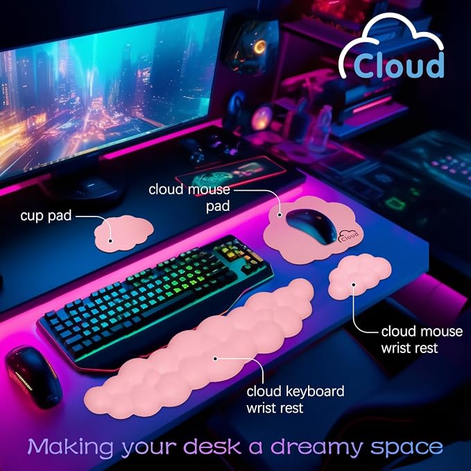 4 in 1 Ergonomic Leather Cloud Wrist Rest Keyboard and Mouse Pad & Coaster | Full 4-Piece Set, Non-Slip PU Base, Soft Memory Foam Comfort For Long Work/Gaming Hours, Cute Desk Decor, Easy To Clean