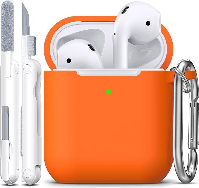 R-fun for AirPods 1/2 Case, Soft Silicone Protective Cover with Keychain and Cleaning Pen, Compatible with AirPods 2nd/1st Generation (2016/2019), Full Drop Protection Cover, Orange