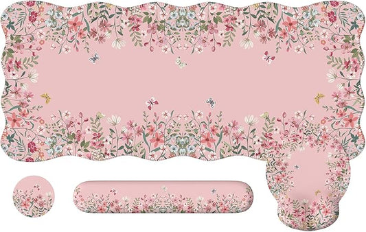 iCasso Desk Mat Set,Large Mouse Pad with Wrist Rest,Ergonomic Keyboard Wrist Support for Women,Girly Floral Computer Mat with Scalloped Edges,Non-Slip Desk Pad Home Office Gaming (Pink)