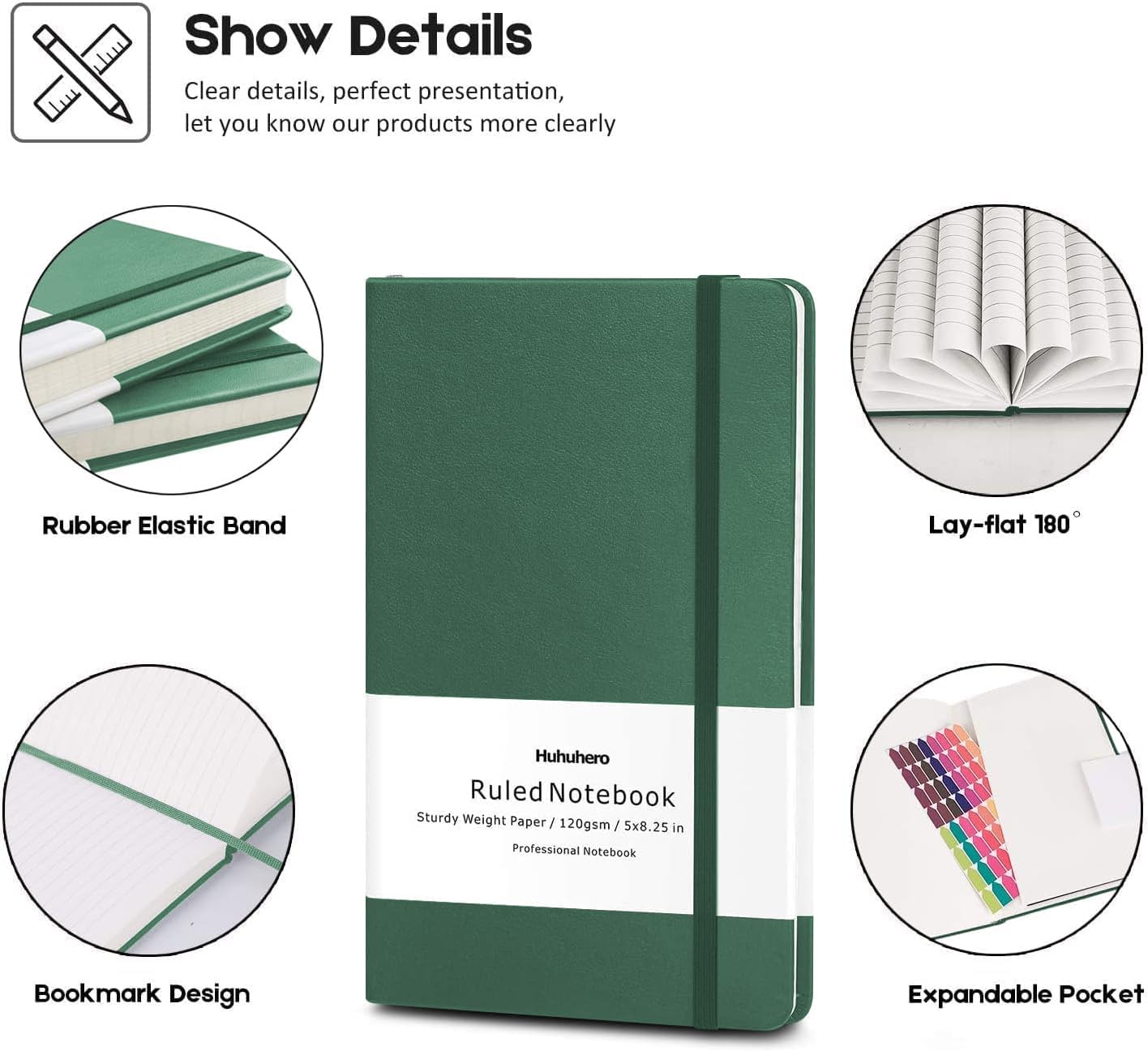 Huhuhero Notebooks Journal, Ruled Notebook, Premium Thick Paper Lined Journal, Black Hardcover Notebook for Office Home School Business Writing Note Taking Journaling, 5"×8.25" (5, Green)