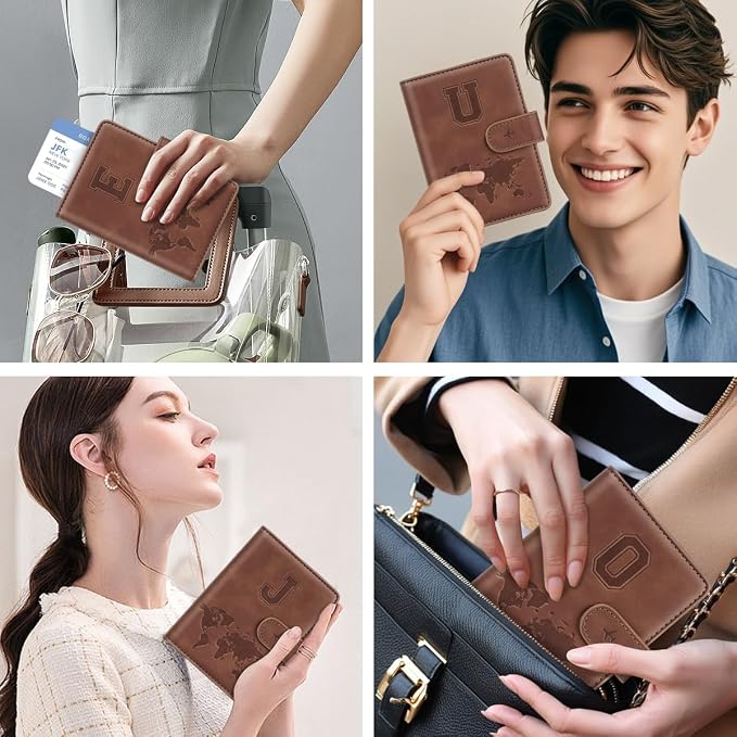 Passport Holder Wallet Cover Personalized Initial Travel Essentials | Embossed Letter A-Z Design, Travel Wallets, RFID Blocking, Passport Book Holders, Women and Men, Personalized Gifts, Brown-U
