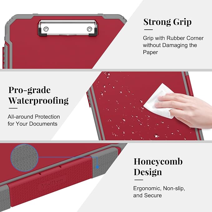 Meiikun Clipboard with Storage, Rugged Shockproof Protective, Internal Pen Pouch & Metal Clip, Heavy Duty Plastic Clip Boards 8.5x11, High Capacity Contractor Folder for School Office (Red)