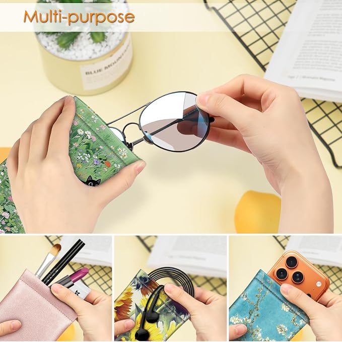 FINTIE Soft Eyeglasses Case with Cleaning Cloth, Portable Squeeze Top Vegan Leather Glasses Pouch, Sunglasses Eyewear Bag