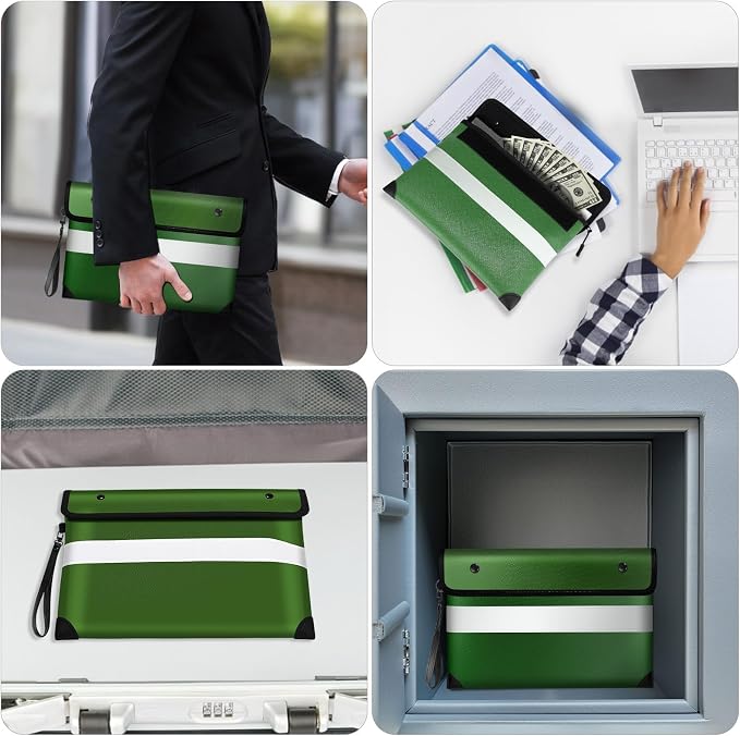 Vailoin 6200°F Fireproof Money Bag, 8 Layers of Heat Insulated Materials | Double-sided Reflective Strip, Waterproof Zipper,Certified to SGS UL94 V-1, for Tablet, Cash, A5-sized documents（Green）