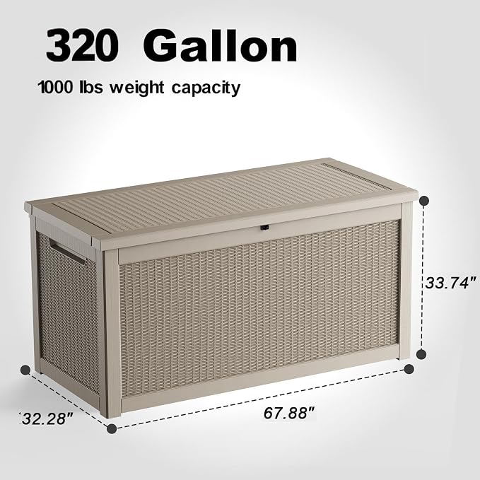 ROJIK Outdoor Storage Housing Deck Box,Waterproof Patio Furniture, Garden Tools, Cushions, Pool Accessories Storage Bench with Lockable Lid and Side Handles (Grey,320 Gallon)