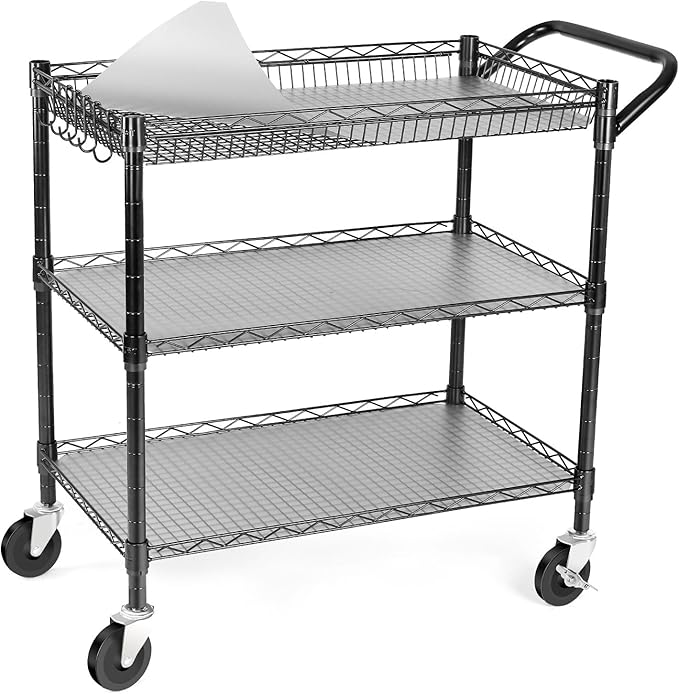 990Lbs Capacity Heavy Duty Rolling Utility Cart, NSF Rolling Carts with Wheels,Commercial Grade Metal Cart with Handle Bar & Shelf Liner,Trolley Serving Cart for Restaurant,Kitchen,Black
