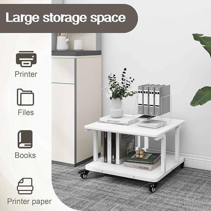 Natwind 2 Tier Laser Printer Stand,24''x20''x15'' Large Printer Table Copier Stand Under Desk,Heavy Duty Rolling Cart with Paper Storage Shelf,Printer Holder on Wheels for Home Office (White)