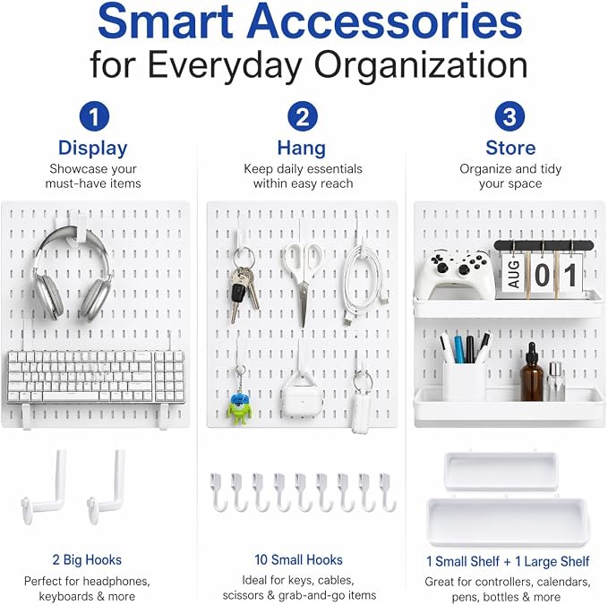 White Pegboard Wall Organizer Kit, Craft Room, 4 Panels Hooks & Shelves | Peg board accessories for sewing, desk and home office, ABS storage with bins, holds small parts, easy to clean, maker gift