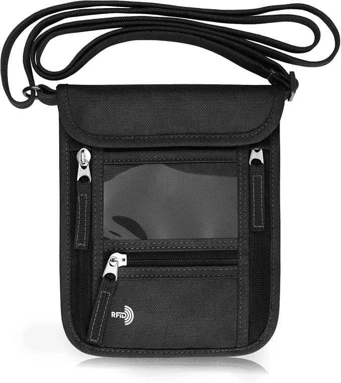 WALNEW Passport Holder Neck Pouch Travel Wallet for Women and Men, RFID Blocking Security Slim Traveling Wallet with Around Neck Lanyard Strap, Black | Around Neck Lanyard Strap, Travel Safety Anti Theft Bag, Neck Wallet for Traveling Women Men