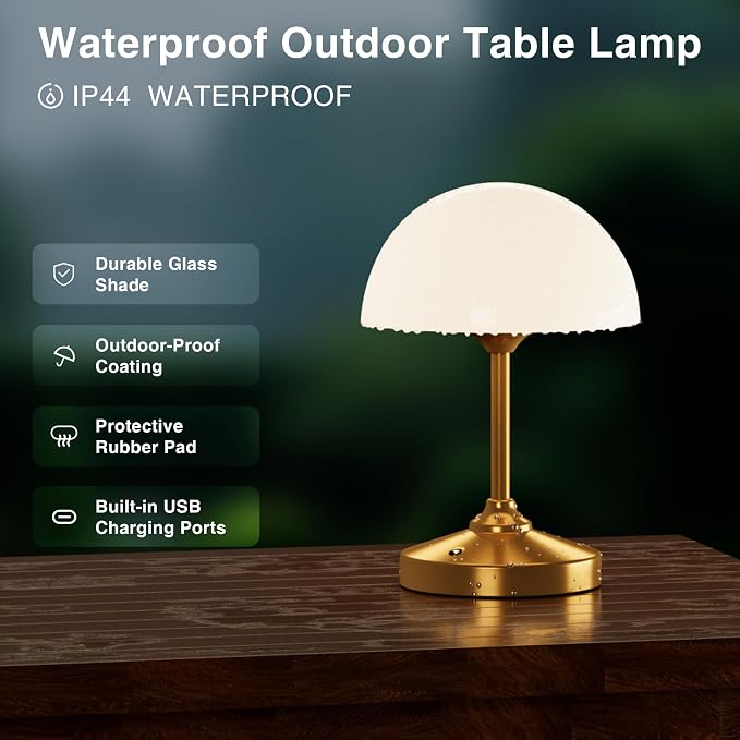 Mushroom Lamp Cordless Lamp Table Lamp,Outdoor Waterproof Shower Lamps,5000mAh Rechargeble Battery Operated Dimmable Touch Desk Lamps,LED Night Light for Bathroom Patio Camping Outdoor(Gold)