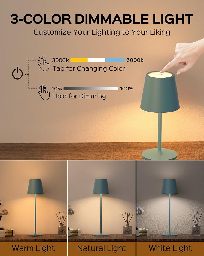 JACKYLED Cordless Table Lamps Rechargeable, 3 Adjustable Height, 5000 Capactiy Operated 3 Colors Smooth Dimming, Portab