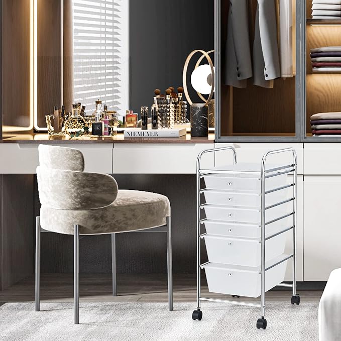 COSTWAY 6-Drawer Rolling Storage Cart, Art Craft Tools Organizer on Wheels | Multifunctional Heavy Duty Utility Mobile Storage Trolley w/ 2 Lockable Wheels for Home Office School (Clear)
