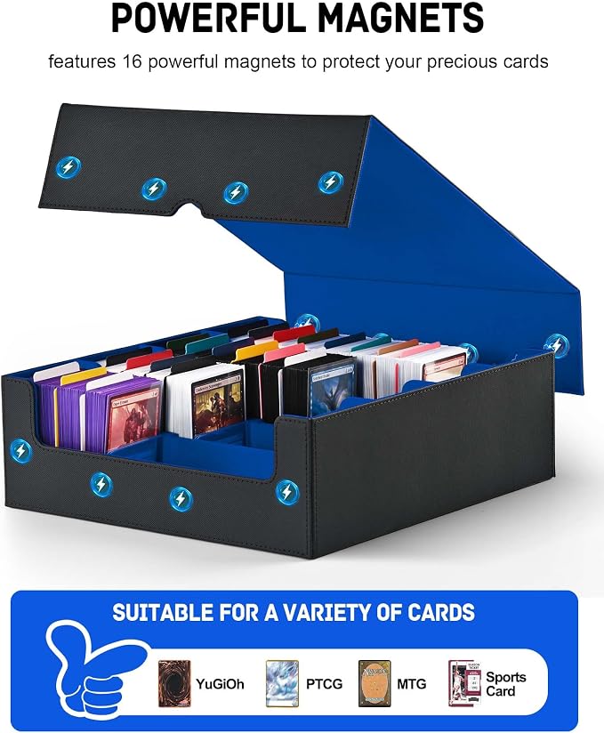 ZLCA Card Storage Box for MTG PTCG, Commander Deck Box Holds 3200+ Cards, Trading Card Storage Case with 4 Stoppers, Card Organizer for TCG Sport Cards(Black&Blue)