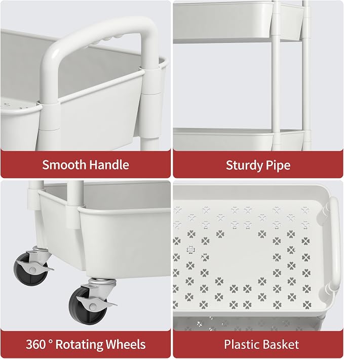 Sywhitta 3-Tier Plastic Rolling Utility Cart with Wheels for Storage,White | Multi-Functional Storage Trolley, for Office, Living Room, Kitchen, Bathroom,Movable Organizer,Space-Saving,Easy to assemble