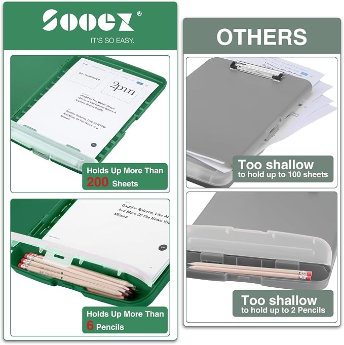 Sooez Clipboard with Storage, Clip Board 8.5 x 11 with Pen Holder, Plastic Organization Case Box for Letter Legal A4 Size Paper, Low Profile Clip, Nurses Teachers Must Haves, School & Office Supplies