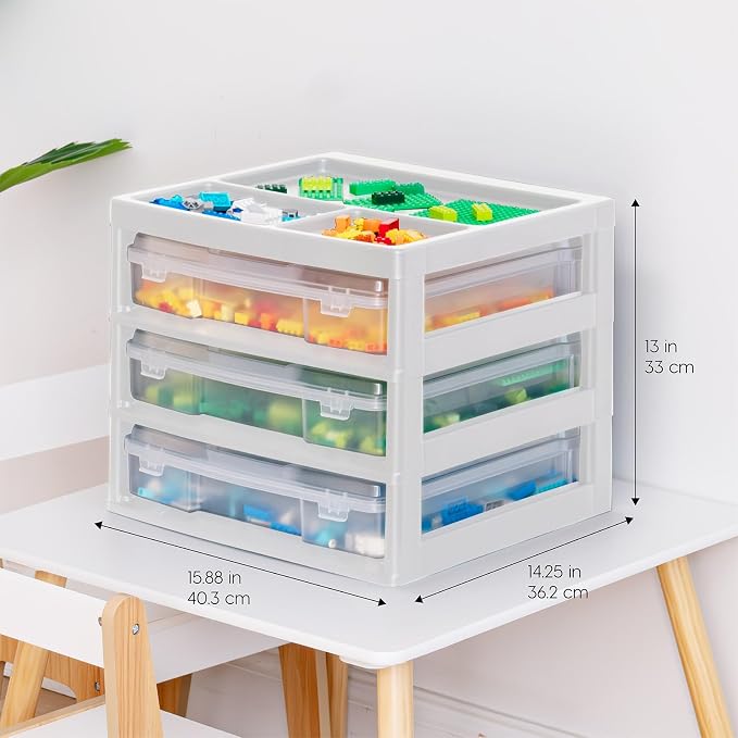 IRIS USA Desk Organizer |Made in USA| 3-Tier Cases - White/Clear | Fits 12"x12" Paper, Built-In Handles, Storage Unit with Supply Top for Craft, Art, Office Supplies, Pens & Pencils
