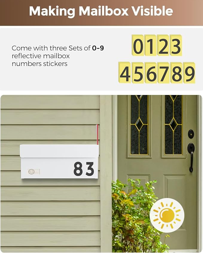 Modern Mailboxes for Outside, Metal Wall Mount Mailbox, with One Flag Kit and Three Sets of Mailbox Number Stickers, 3.9" D×13" W×7.1" H, Rust Resistant Coating Mail Boxes for House, White