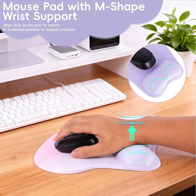 Mouse Pad with Wrist Rest Ergonomic Mouse Pad with Comfortable M-Shape Pain Relief Wrist Support Non-Slip PU Base Mousepad for Laptop, Office & Home (Lavender Plum)