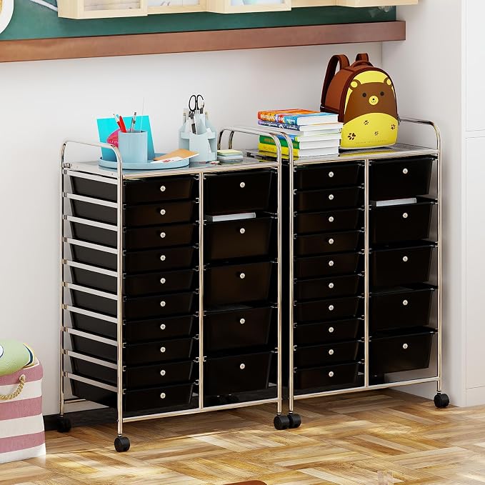 Giantex 15 Drawer Rolling Cart with Drawers, Storage Organizer Cart for Classroom Office School Teacher, Mobile Drawer Cart for Tools, Crafts, Small Printer, Black