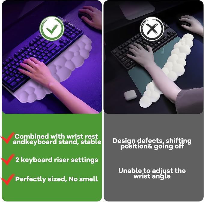Ergonomic Wrist Rest for Keyboard and Mouse, Cloud Keyboard Stand Pad | Soft Memory Foam Keyboard Riser Holder with Wrist Pad, Easy Typing, Pain Relief, Comfort for Office, Work, Gaming - White