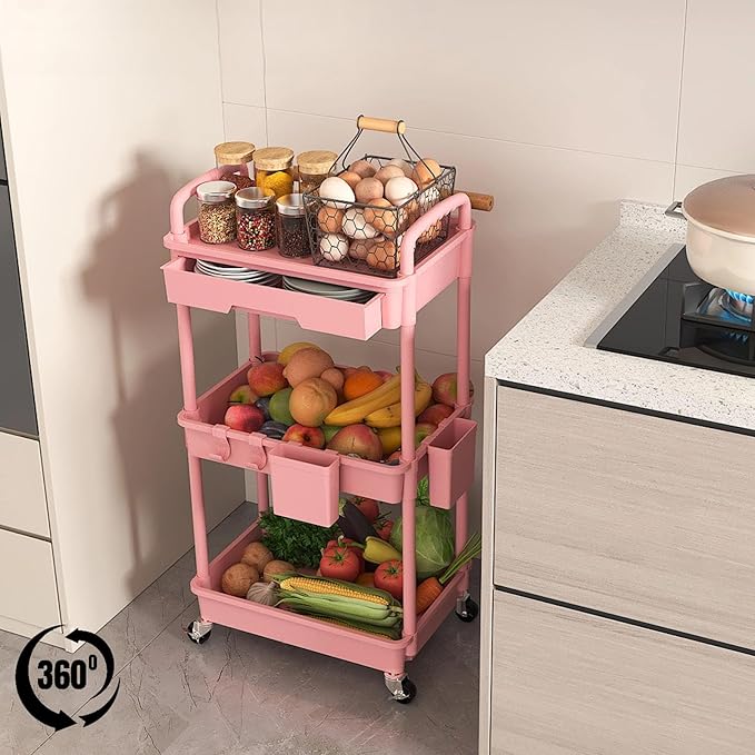 3 Tier Rolling Utility Cart with Drawer, Plastic Storage Organizer Rolling Carts with Wheels Handles Hanging Cups Hooks for Office, Bathroom, Kitchen,Craft Art Room (Pink)