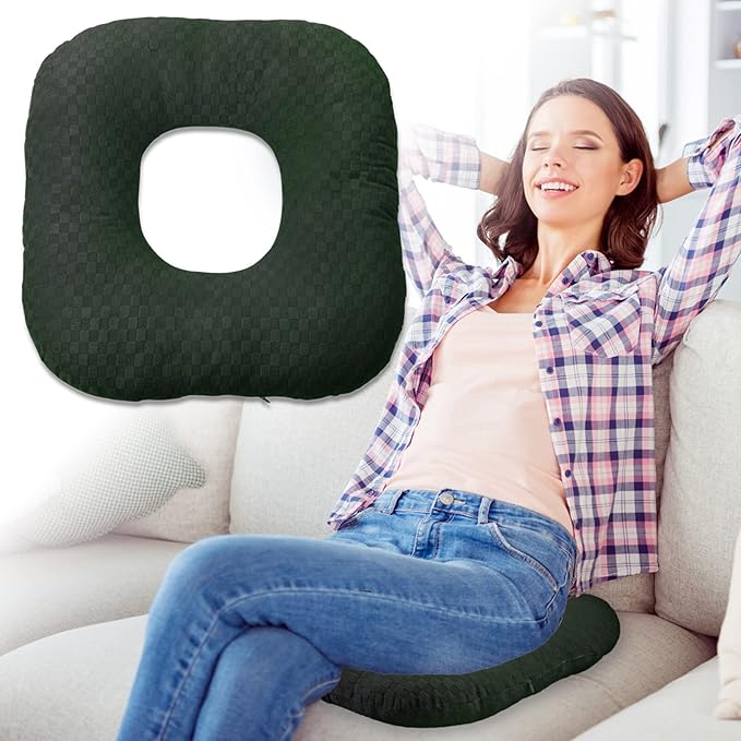 Stuffed Donut Pillow Seat Cushion | for Tailbone and Coccyx Pain, Hemorrhoids, Bed Sores, Pregnancy, Prostate, Surgery Recovery, Sitting Pressure Relief, for Home, Office and Car (Dark Green)
