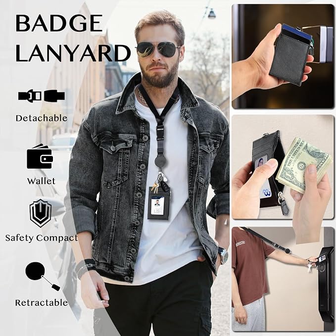 DELSWIN Badge Holder with Retractable Lanyard, PU Leather ID Badge Card Holder with 1 ID Window, 4 Card Slots, 1 Side Zipper Pocket, and Adjustable Neck Strap