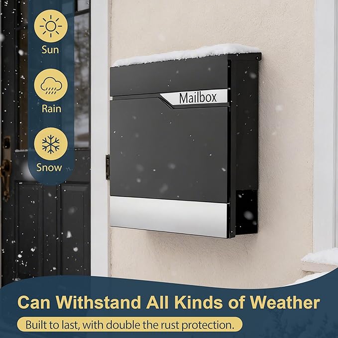 Modern Black Mailbox Wall Mount for Outside, Large Locking Security Key Drop Mail Box, Heavy Duty Galvanized Steel Post Box for House, Weatherproof Collection Box (14.57"x14")