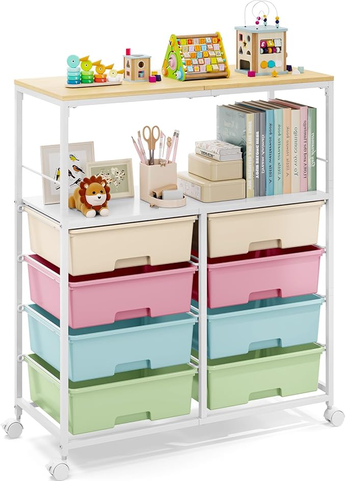 Rolling Storage Cart with 8 Large Drawers,Wooden Tabletop | Open Storage Shelves, Mobile Craft Organizer with Lockable Wheels for Home, Classroom, Office Supplies & Art Studio,Colorful