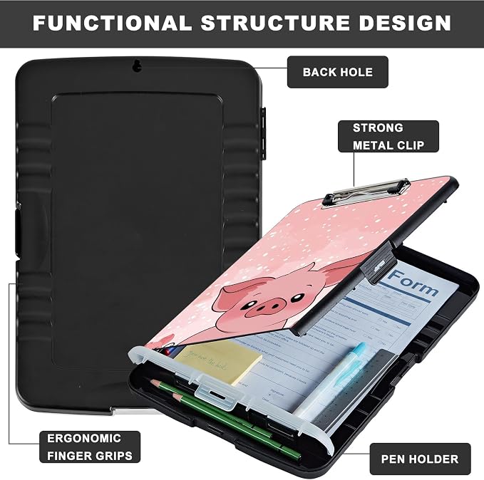 Clipboard with Storage,Storage Clipboard with Pen Holder,Heavy Duty Plastic Storage Clipboard with Low Profile Clip,Teacher Must Haves,Clipboard Folder,Office Supplies,Cute Pink Pig -1348