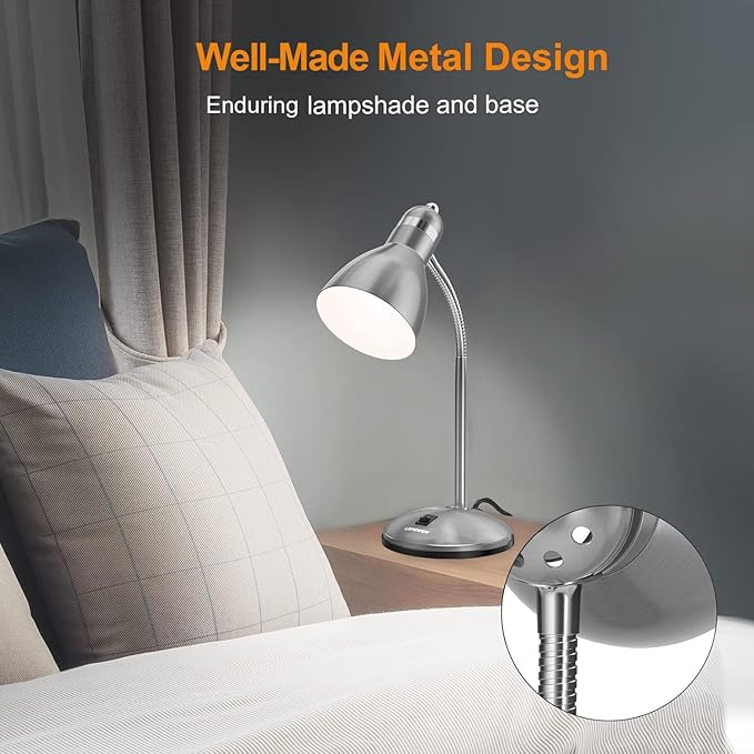 LEPOWER Metal Desk Lamp, Adjustable GooseNeck Reading Light for Bedroom | Compact & Sturdy, Space-Saving for Bedside & Dorm, E26 Table Lamp, Eye-Caring, Ideal for Study, Office, Back to School