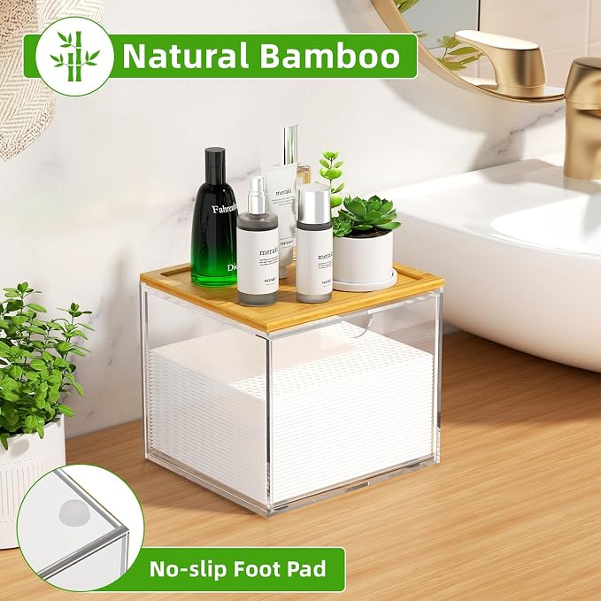 VITVITI Drawer Disposable Face Towel Holder Box, Acrylic Storage, Clear | Face Towels Holder Container for XL Clean Skin Club, Facial Towel Storage with Bamboo Lid, for Bathroom, Vanity Makeup